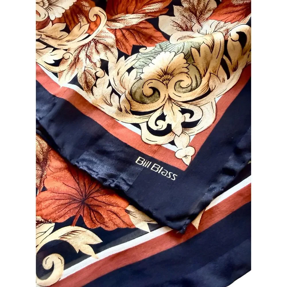 Vintage Bill Blass 80s Silk Autumn Leaf Print Scarf Black Rust 13x56